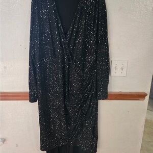 SHEIN Black Long-Sleeve Sparkle Wrap Dress